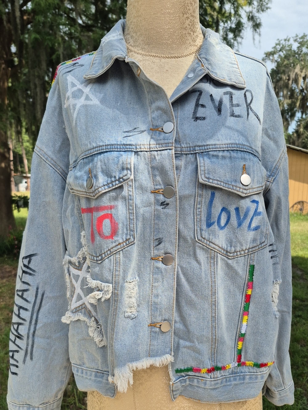 Pol Denim 100% Cotton Distressed Jean Jacket Oversized Graffiti Style Button Med